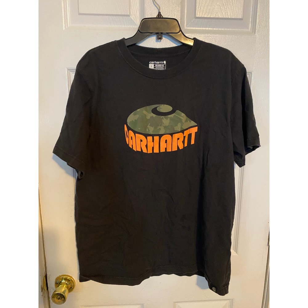 Carhartt Mens Relaxed Fit Graphic T-Shirt Black Camo Orange Logo Size Large
